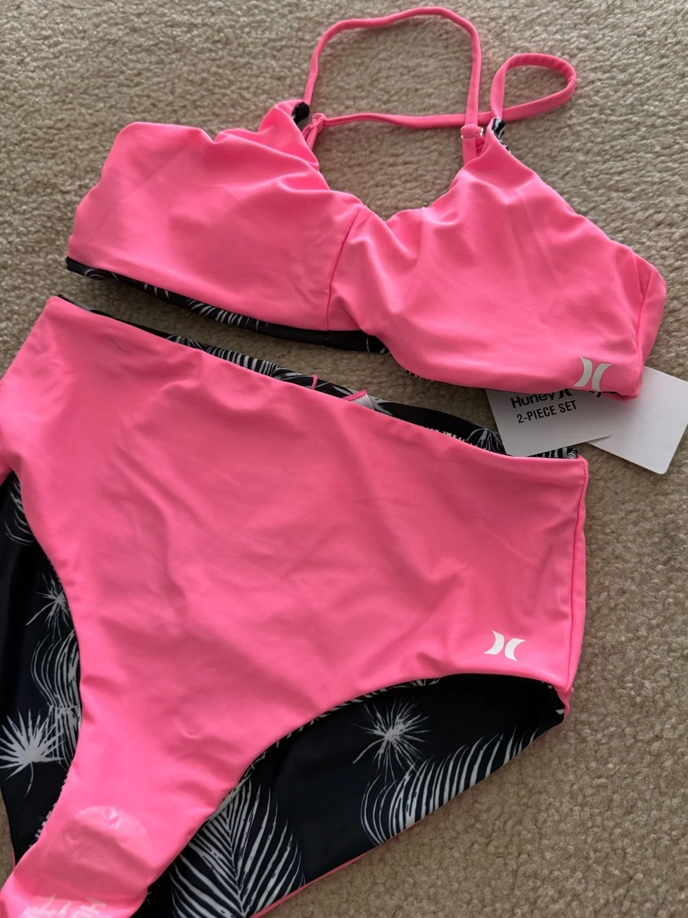 NWT Girls Hurley Reversible Palm Print Bikini Set - Black & Hot Pink
